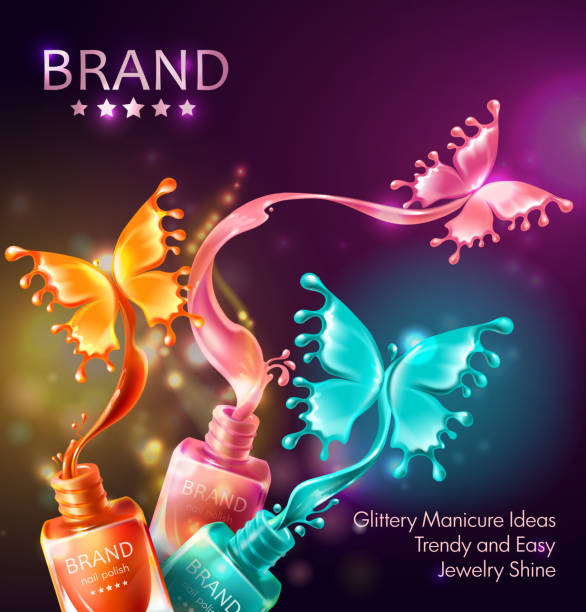 Cosmetic background with butterflies from nail polish Vector realistic 3d cosmetic background, open bottles with nail polish with splashes in form of neon butterflies. Mock up, template packaging design with brand info, promo poster for nail lacquer nail polish bottle stock illustrations