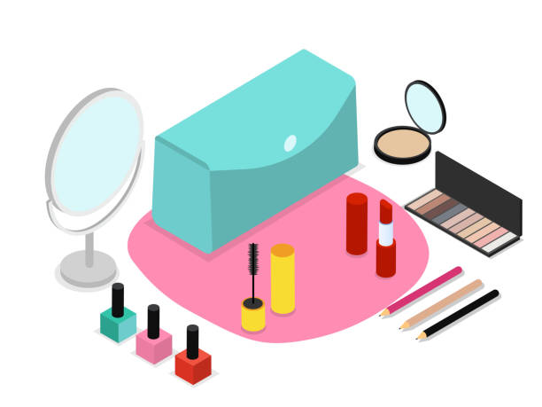 stockillustraties, clipart, cartoons en iconen met kosmetische zak met vrouwelijke hulpmiddelen van de gezichtsmake-up - nail polish bottle close up