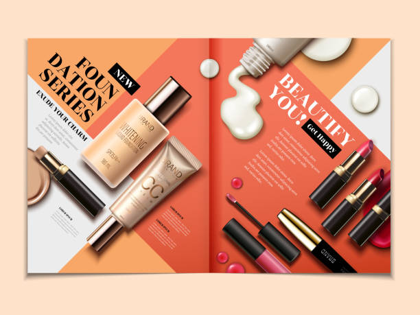 Cosmetic magazine template Cosmetic magazine template, top view of lipsticks and foundations isolated on orange tone geometric background in 3d illustration catalog stock illustrations