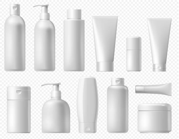Cosmetic package. White shampoo bottle, cream tube Cosmetic package. White shampoo bottle, cream tube and body lotion packaging template. Bathroom cosmetic platic pack mock up isolated on transparent background. bottle stock illustrations