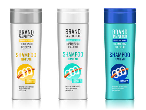 Cosmetic packaging, realistic plastic shampoo or shower gel bottle template with different design of packaging, 3d illustration Cosmetic packaging, realistic plastic shampoo or shower gel bottle template with different design of packaging, 3d illustration. Vector shampoo stock illustrations