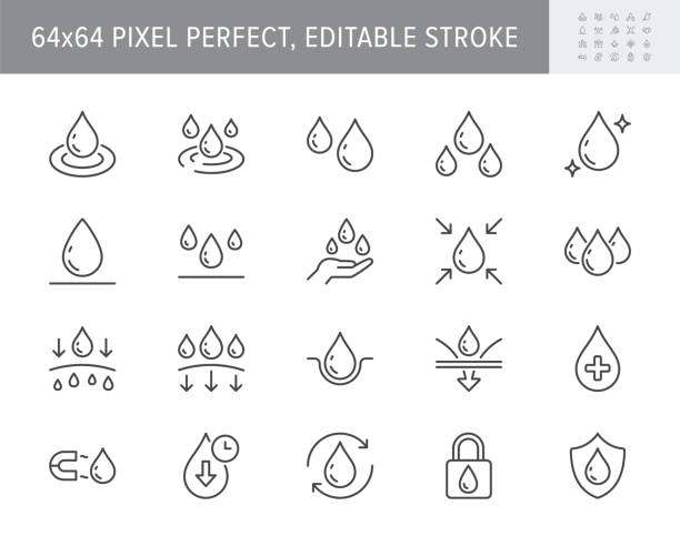 Cosmetic properties line icons. Vector illustration include icon - water shield, drop, absorb, lotion, serum, cosmetic outline pictogram for skin liquid absorb. 64x64 Pixel Perfect, Editable Stroke Cosmetic properties line icons. Vector illustration include icon - water shield, drop, absorb, lotion, serum, cosmetic outline pictogram for skin liquid absorb. 64x64 Pixel Perfect, Editable Stroke. concentration stock illustrations