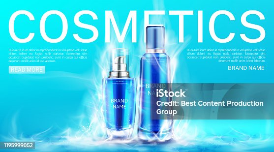 istock Cosmetics bottles in dry ice smoke cloud landing 1195999052