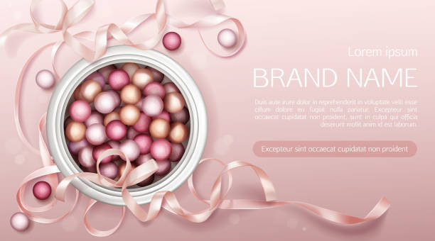 Cosmetics bottles mockup, serum and primer tubes Cosmetics open jar with pearls top view, primer or powder spheres cosmetic package mockup, beauty product capsules for face care on pink background with ribbon Realistic 3d vector illustration, banner pink pearl stock illustrations