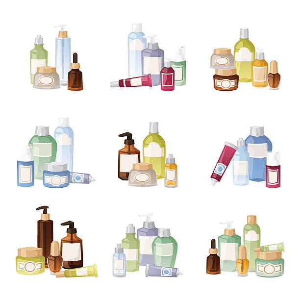 Cosmetics bottles vector illustration. Cosmetics packages beauty products set isolated vector. Cosmetics bottles cream design product care vector beauty cosmetic lotion liquid container. Packaging blank gel body spray cosmetics bottles. skin care stock illustrations
