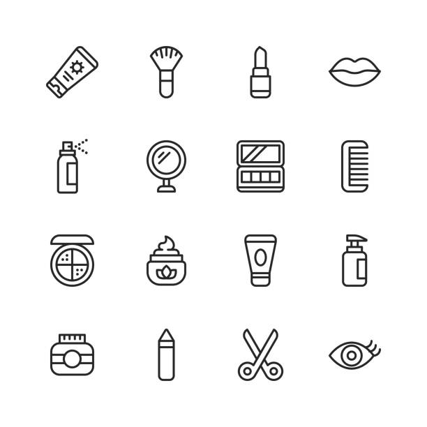 Cosmetics Line Icons. Editable Stroke. Pixel Perfect. For Mobile and Web. Contains such icons as Cosmetics, Beauty, Make-Up, Shampoo, Hair Salon, Body Care, Hygiene, Fashion, Nail, Barber, Perfume, Lipstick, Eyebrow. 16 Cosmetics Outline Icons. beauty symbols stock illustrations