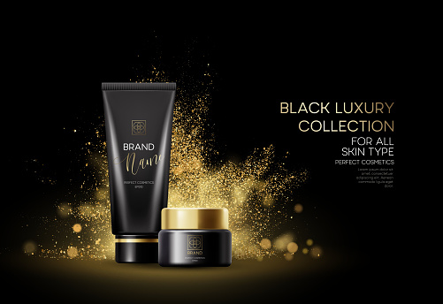 Cosmetics products with luxury collection composition on black blurred bokeh background with golden glitter dust. Vector illustration