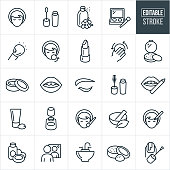 A set of cosmetics icons that include editable strokes or outlines using the EPS vector file. The icons include a woman's face, lip gloss, body mist, eye shadow, blush, foundation, facial cream, lipstick, female lips, female eye and eyebrow, lip pencil, lotion, nail polish, natural cosmetics, eyeliner, soap, shampoo, mirror, sink and other related icons.