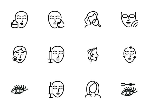 미용 라인 아이콘 세트 - 사람 얼굴 stock illustrations