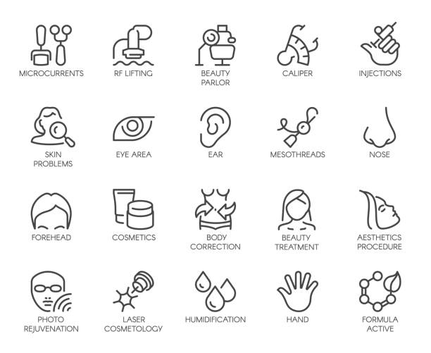 Cosmetology line icons set. 20 outline pictograms isolated. Beauty therapy, bodycare, healthcare, wellness treatment linear symbols. Correction, rejuvenation, anti-aging procedure logo. Vector graphic Cosmetology line icons set. 20 outline pictograms isolated. Beauty therapy, bodycare, healthcare, wellness treatment linear symbols. Correction, rejuvenation, anti-aging procedure logo. Vector graphic skin care stock illustrations