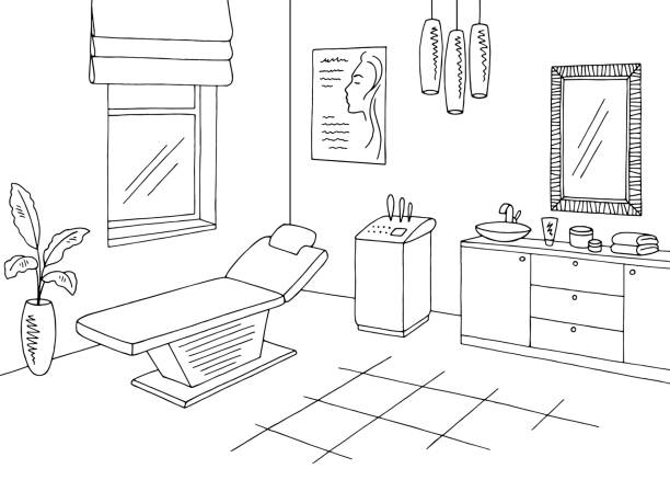 Cosmetology office clinic graphic black white interior sketch illustration vector Cosmetology office clinic graphic black white interior sketch illustration vector bed furniture borders stock illustrations
