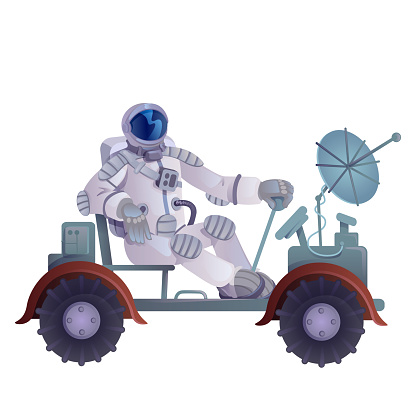 Cosmonaut in lunar rover flat cartoon vector illustration. Astronaut driving moon rover. Ready to use 2d character template for commercial, animation, printing design. Isolated comic hero
