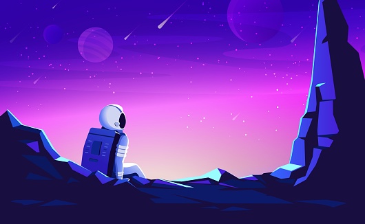 Astronaut on alien planet in far galaxy. Cosmonaut in suit and helmet sitting on a rock on another planet. Vector cartoon illustration of spaceman, cosmos and planet surface with stones, cracks.