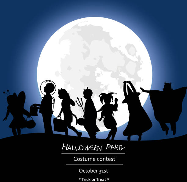 Costume Party Spooky Moonlight A vector silhouette illustration of children dressing up for Halloween in front of a full moon. candy silhouettes stock illustrations