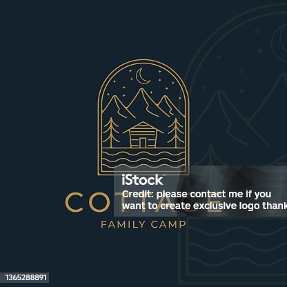 istock cottage or cabin line art minimalist simple vector logo illustration design. badge cottage at mountain in the river and lake line art logo concept minimalist simple icon illustration vector design 1365288891