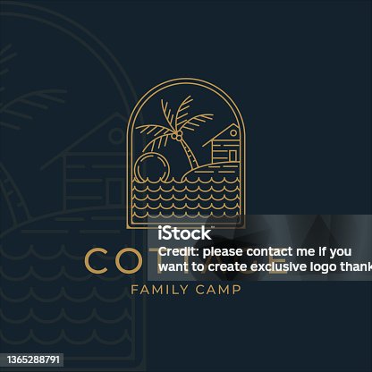istock cottage or cabin line art simple minimalist vector logo illustration design. badge cottage at the beach and palm tree family camp line art minimalist vector logo concept icon simple design 1365288791