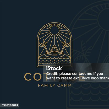 istock cottage or cabin line art simple minimalist vector logo illustration design. badge cottage at the beach and palm tree family camp line art minimalist vector logo concept icon simple design 1365288899