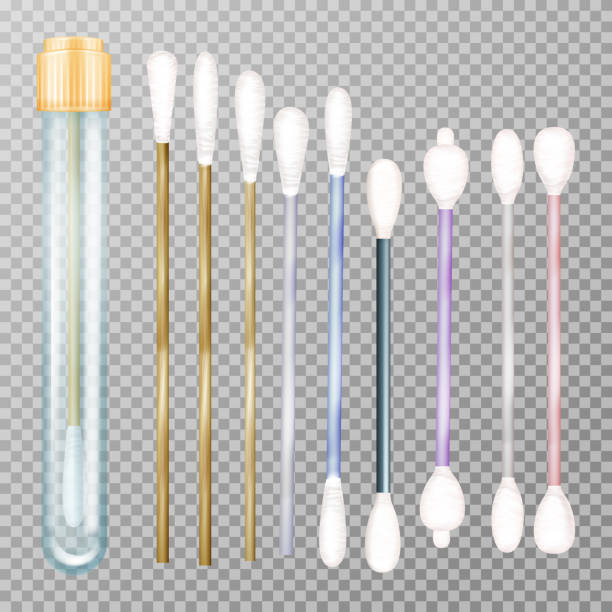 Cotton swabs buds vector realistic isolated set Cotton swabs buds vector illustration on 3d realistic plastic or wooden sticks. Isolated set for ear cleaning hygiene, cosmetics or DNA and medical microbiology sample tests with glass vial cotton swab stock illustrations
