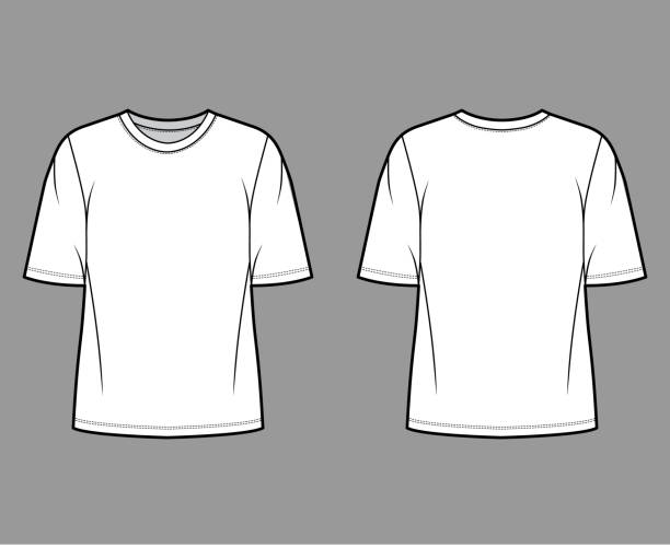 Cotton-jersey t-shirt technical fashion illustration with crew neckline, elbow sleeves, oversized, tunic length. Flat Cotton-jersey t-shirt technical fashion illustration with crew neckline, elbow sleeves, oversized, tunic length. Flat outwear basic apparel template front, back, white color. Women men unisex top CAD oversized object stock illustrations