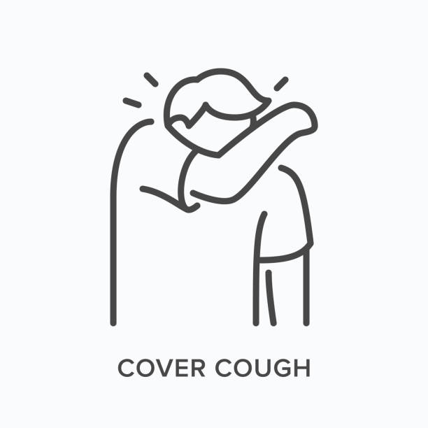 咳嗽的人行圖示。向量輪廓插圖的人打噴嚏在肘部。流感症狀 - 咳嗽 幅插畫檔、美工圖案、卡通及圖標