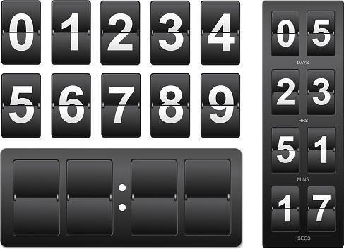 Countdown timer. Black mechanical scoreboard panel illustration on white background