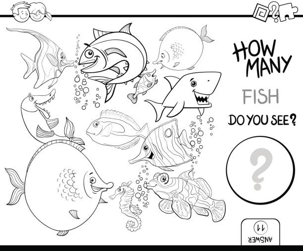 counting fish coloring book activity Black and White Cartoon Illustration of Educational Counting Activity Game for Children with Fish Sea Life Animal Characters Coloring Page coloring book pages templates stock illustrations