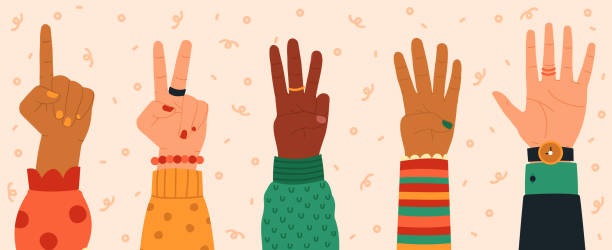 Counting hands. Hand gestures, modern hand drawn finger count from one to five, numbers shown by hands, trendy vector illustration icons set Counting hands. Hand gestures, modern hand drawn finger count from one to five, numbers shown by hands, trendy vector illustration icons set. Diverse people counting down, giving message sign illustrations stock illustrations