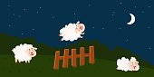 istock Counting sheep to sleep. Sheeps at night jump over fence. Sleeping wool animal, insomnia treatment. Cartoon meadow at bed time, sleepy classy vector background 1406768689