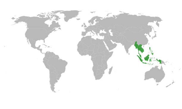 stockillustraties, clipart, cartoons en iconen met asean-landen gemarkeerd groene kleur op de wereldkaart. - association of southeast asian nations