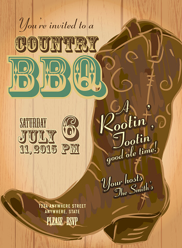 Country and western BBQ with cowboy boot invitation design template
