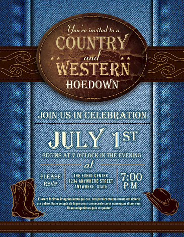 Country and western hoedown denim and leather invitation design template