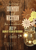 Vector Illustration of Rustic Country and western invitation design template with mason jar and flowers. Sample text design. Easy layers for customizing. Use for garden party invitations, outdoor weddings, receptions. Barn party, ambience, country setting, night time setting, string lights, night buffet, tables, chairs, white linen.  Music, string quartet, dancing, dance floor. Glowing and fancy.