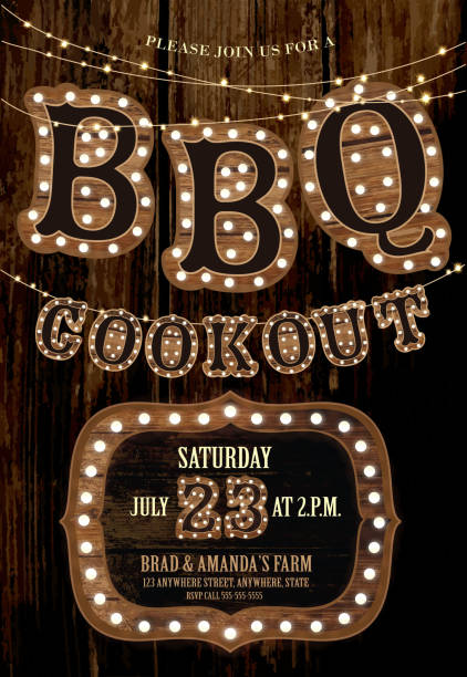 Country BBQ wedding invitation wooden signs and string lights Vector illustration of a Country BBQ wedding invitation wooden signs and string lights. Wedding or engagement barbecue celebration. Easy to edit with layers. EPS 10 cowboy hat template stock illustrations