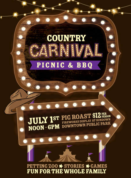 Country Carnival Picnic with wooden signs and lights Vector illustration of a Country Carnival Picnic with wooden signs and lights. Circus tent at bottom.  Easy to edit with layers. EPS 10 cowboy hat template stock illustrations