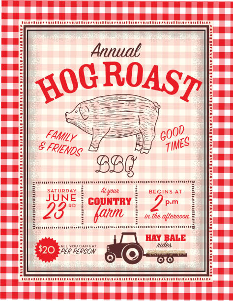 Country Hog Roast invitation design template Country Hog Roast invitation design template. Hand drawn pig with tractor hay bale rides icon. Includes placement text. pig patterns stock illustrations