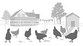 A vector silhouette illustration of a chicken pen in front of a farm house.This file is to be used for batch editing. It can contain active and deleted keywords. Pasting this file data will update and delete keywords accordingly.