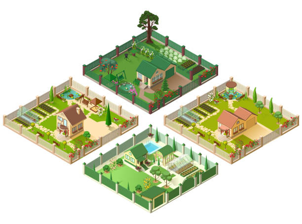 Country house and large garden. Set of 3d cottage isometric illustration Country house and large garden. Set of 3d cottage isometric illustration. Isolated on white vector cartoon illustration garden stock illustrations