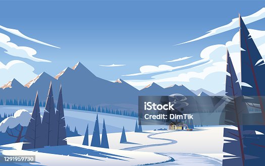 istock Country house, field, trees, background mountains and sky with clouds. 1291959730