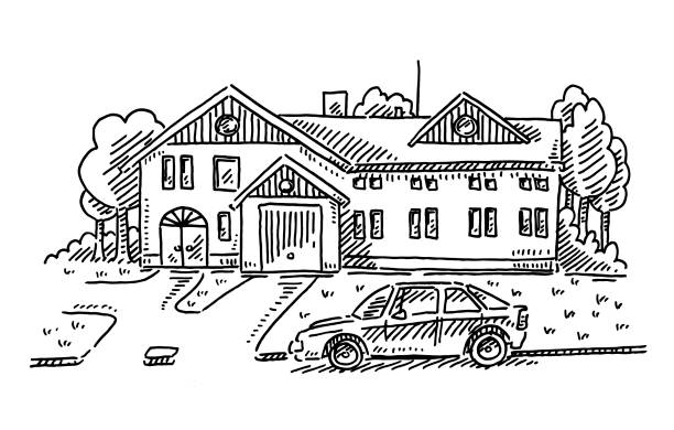 Country House Front Yard Parking Car Drawing Hand-drawn vector drawing of a Country House Front Yard and a Parking Car. Black-and-White sketch on a transparent background (.eps-file). Included files are EPS (v10) and Hi-Res JPG. garage clipart stock illustrations