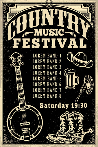 Country music festival poster template. Cowboy hat, cowboy boots, banjo. Vector illustration