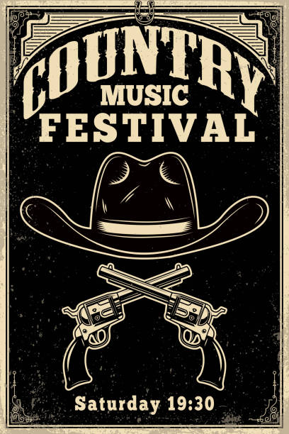 Country music festival poster template. Cowboy hat with crossed revolvers. Wild West theme. Design element for poster, card, banner, flyer. Country music festival poster template. Cowboy hat with crossed revolvers. Wild West theme. Design element for poster, card, banner, flyer. Vector illustration cowboy hat template stock illustrations