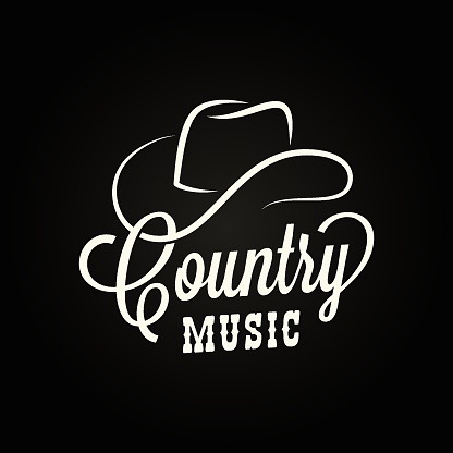 Country music sign. Cowboy hat with country music lettering on black background