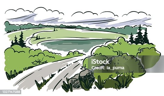 istock country road stretching over the horizon among hills and forests. color vector illustration 1327147588