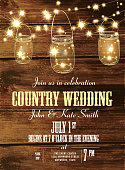 Vector Illustration of Rustic Country and western invitation design template with mason jars and string lights. Sample text design. Easy layers for customizing. Use for garden party invitations, outdoor weddings, receptions. Barn party, ambience, country setting, night time setting, string lights, night buffet, tables, chairs, white linen.  Music, string quartet, dancing, dance floor. Glowing and fancy.