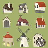 Countryside houses rural granary storehouse shelter cabin farm icon collection.