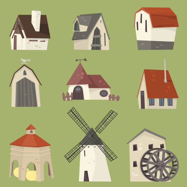 illustrazioni stock, clip art, cartoni animati e icone di tendenza di paesaggio rurale granaio storehouse shelter cabina scene di case - case antiche