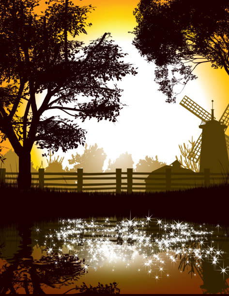 bildbanksillustrationer, clip art samt tecknat material och ikoner med countryside - wind turbine sunset