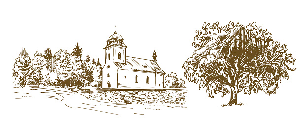 Countryside village landscape with church. Hand drawn vector illustration.