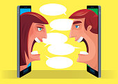 vector illustration of couple arguing via smartphone