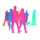 colourful silhouettes of pedestrians walking by each other